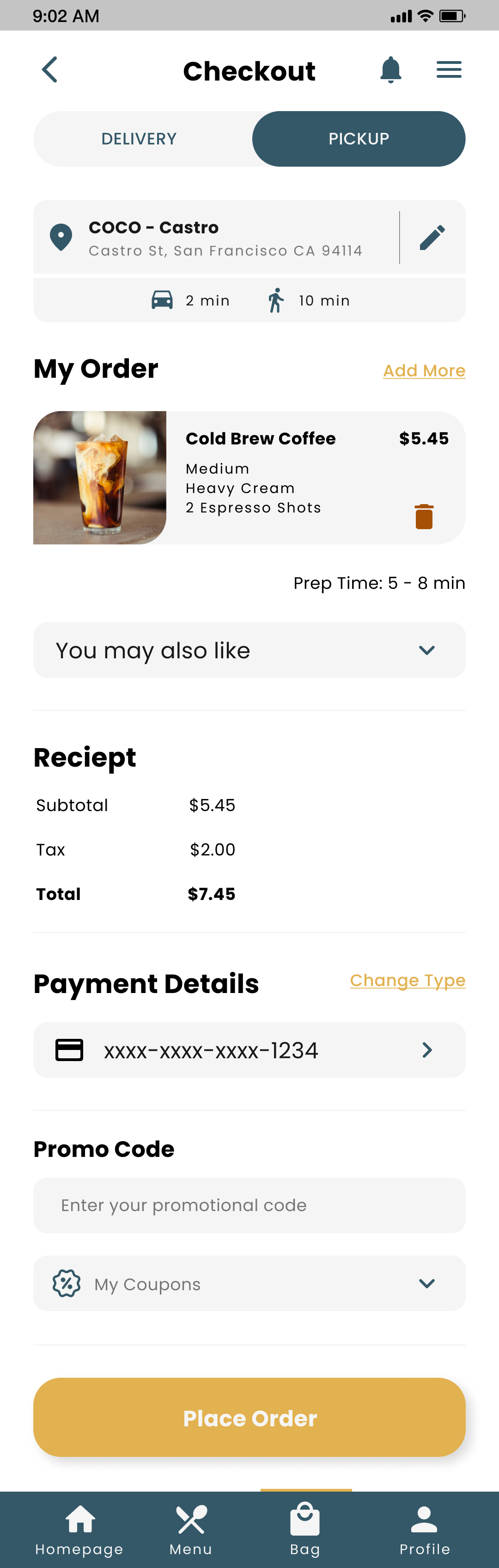 COCO Checkout screen for mobile app