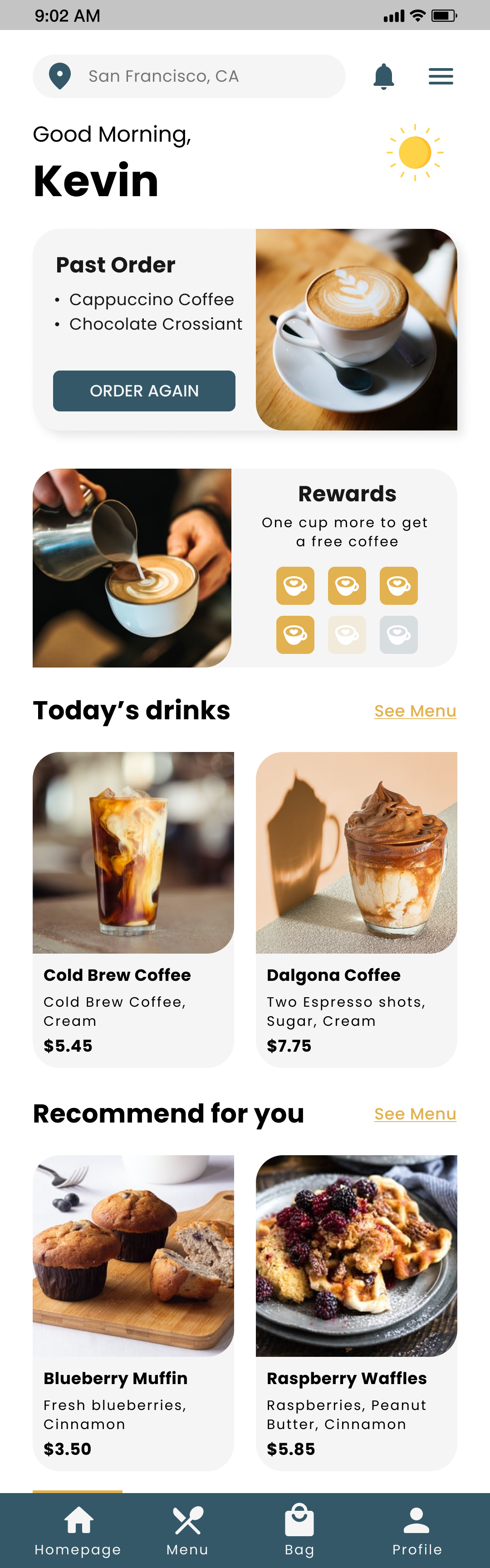 COCO Homepage screen for mobile app