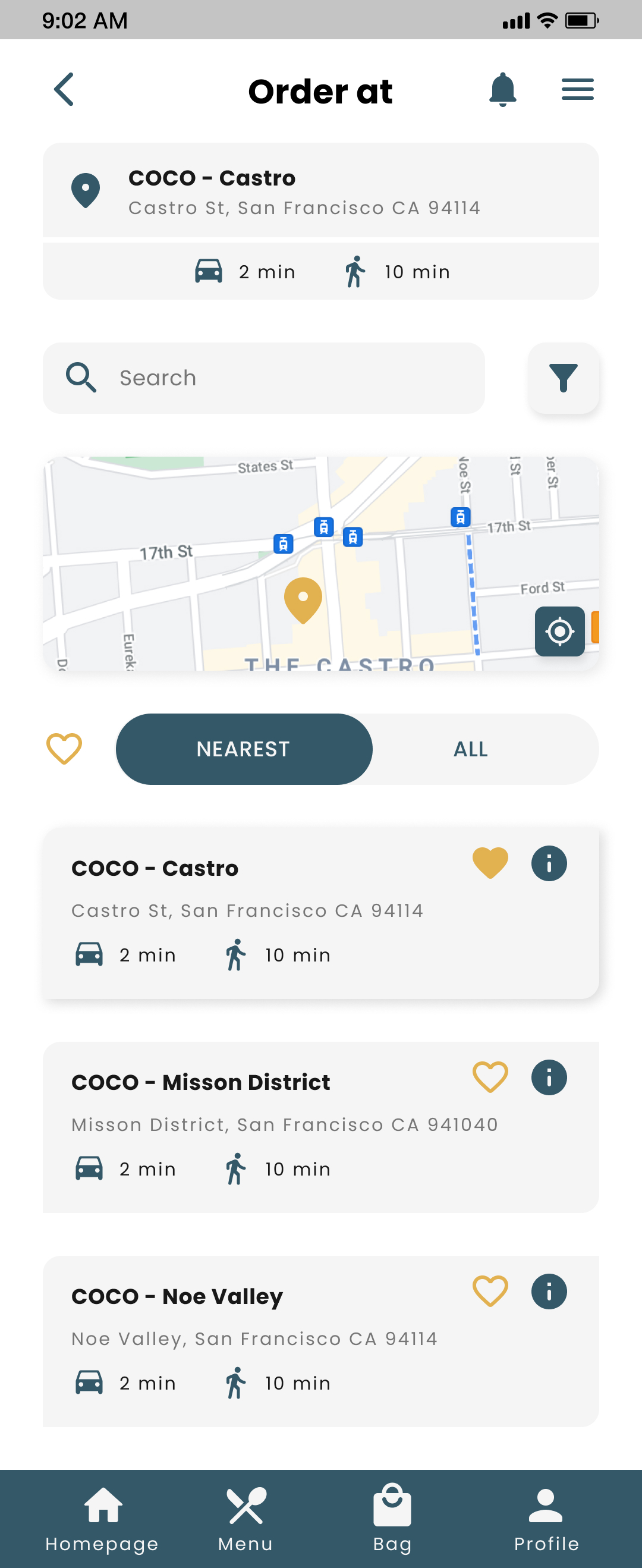 COCO Locations screen for mobile app