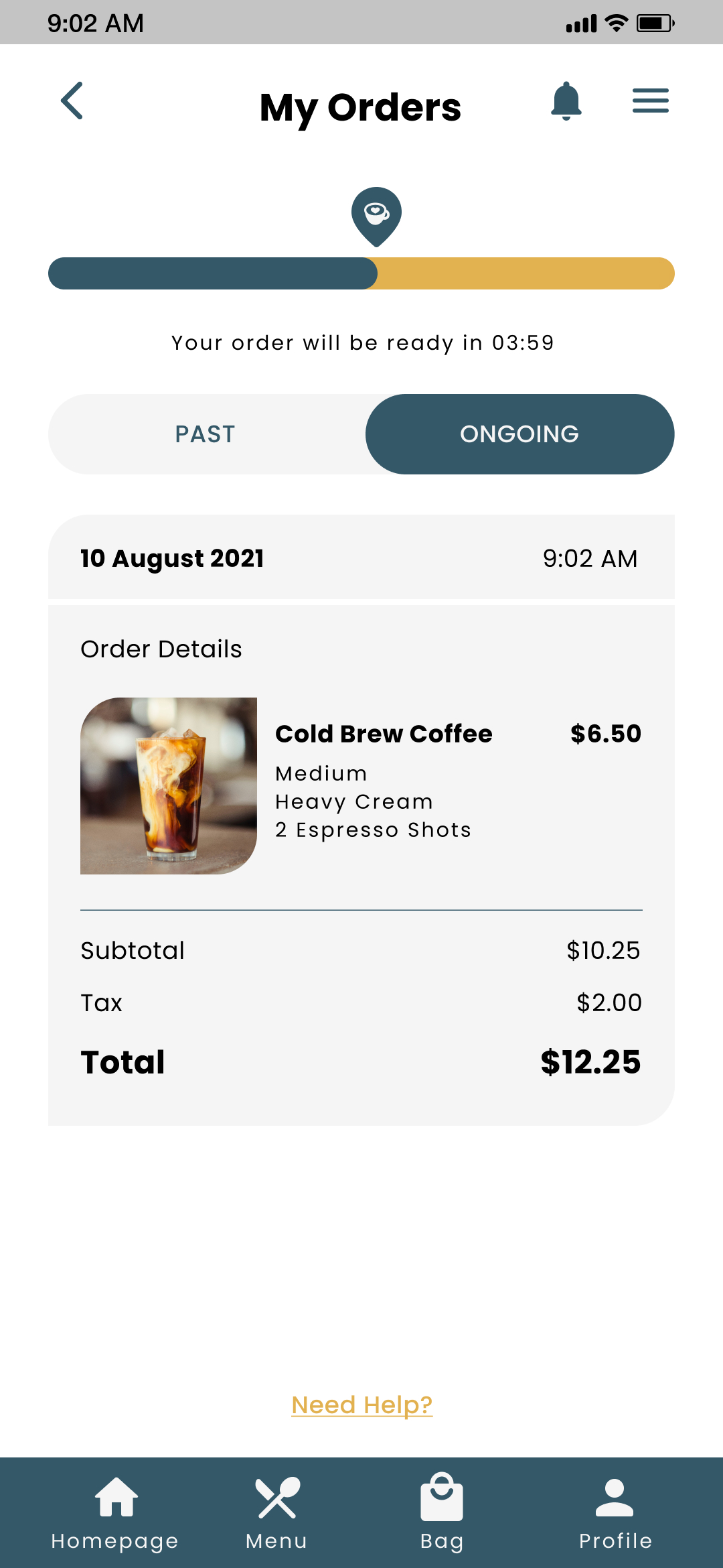 COCO My Orders with "Ongoing" selected screen for mobile app