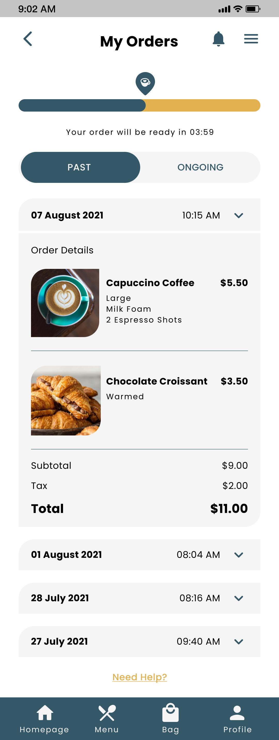 COCO My Orders with "Past" selected screen for mobile app