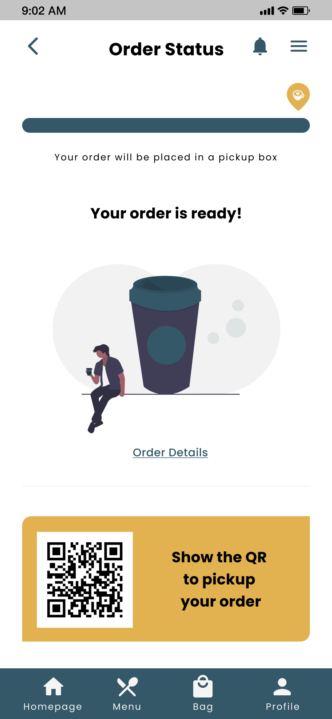 COCO Order Status "Order Ready" screen for mobile app