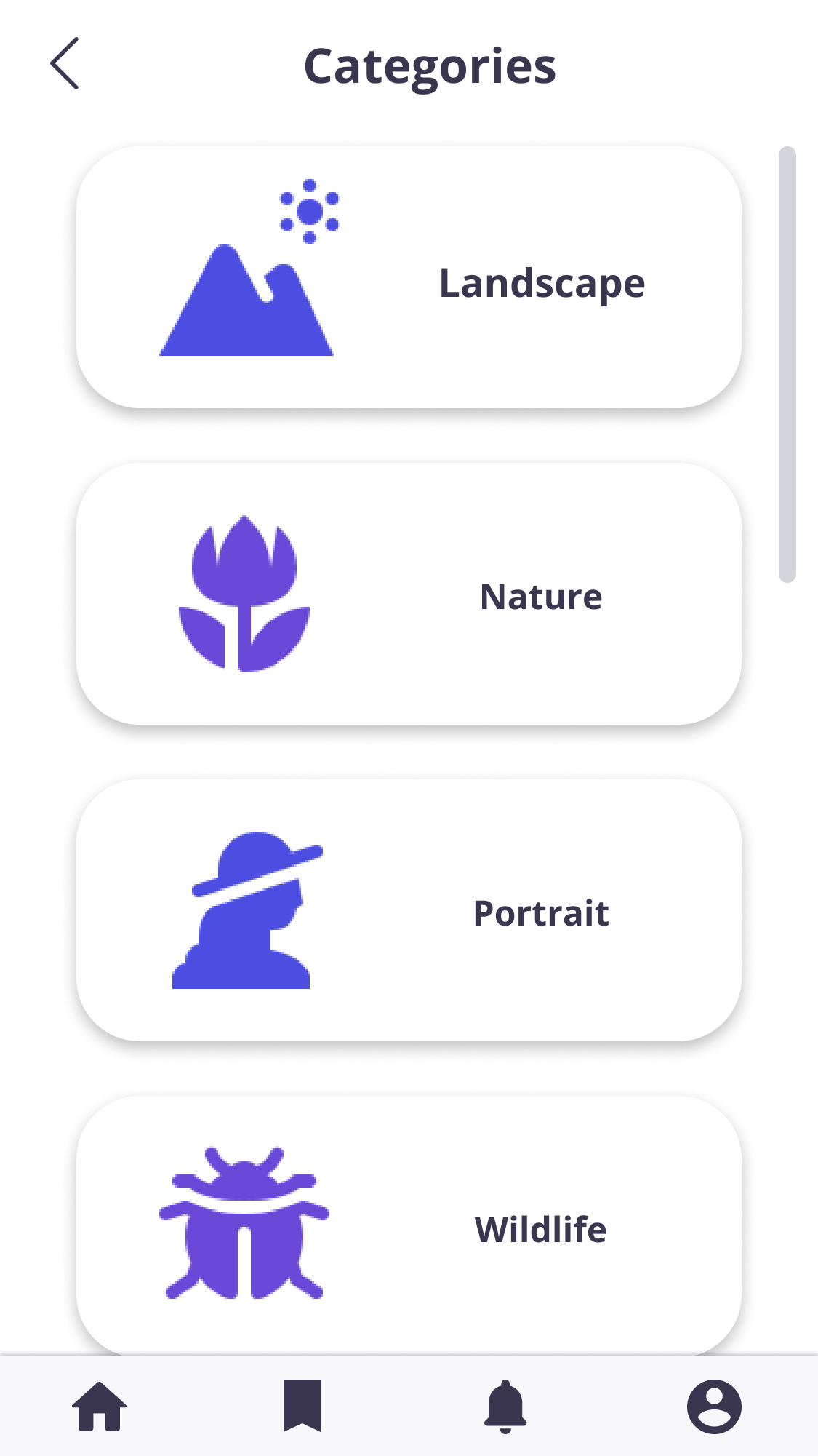 Categories screen for Photonomadic