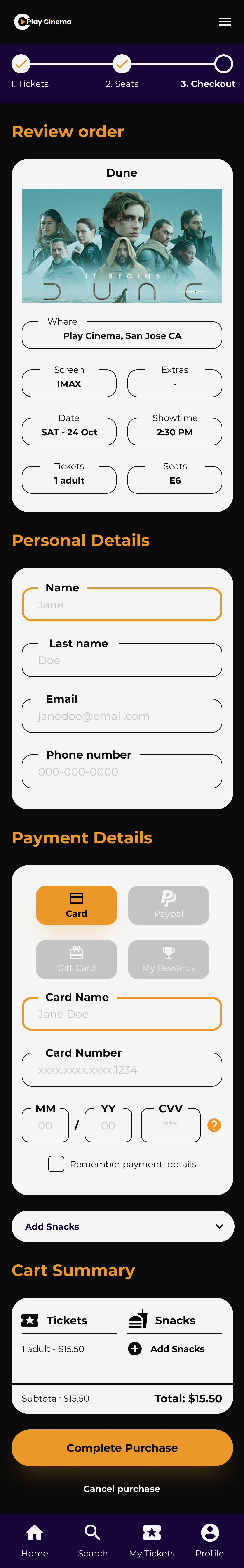 Play Cinema Checkout screen for mobile