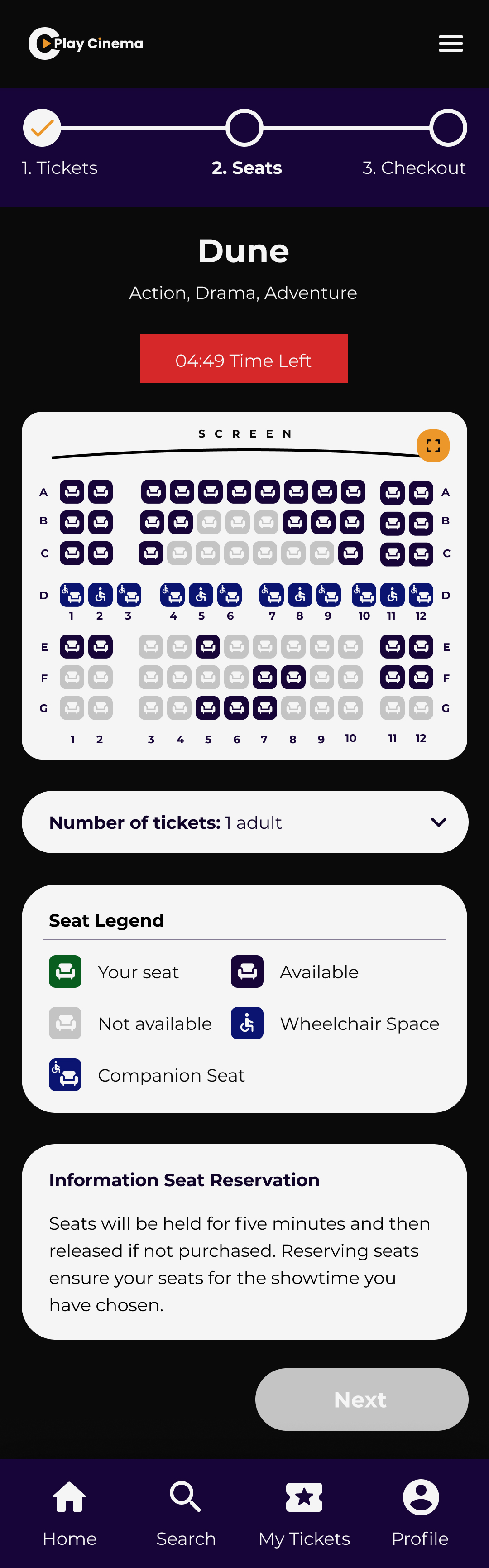 Play Cinema Seats reservation screen for mobile