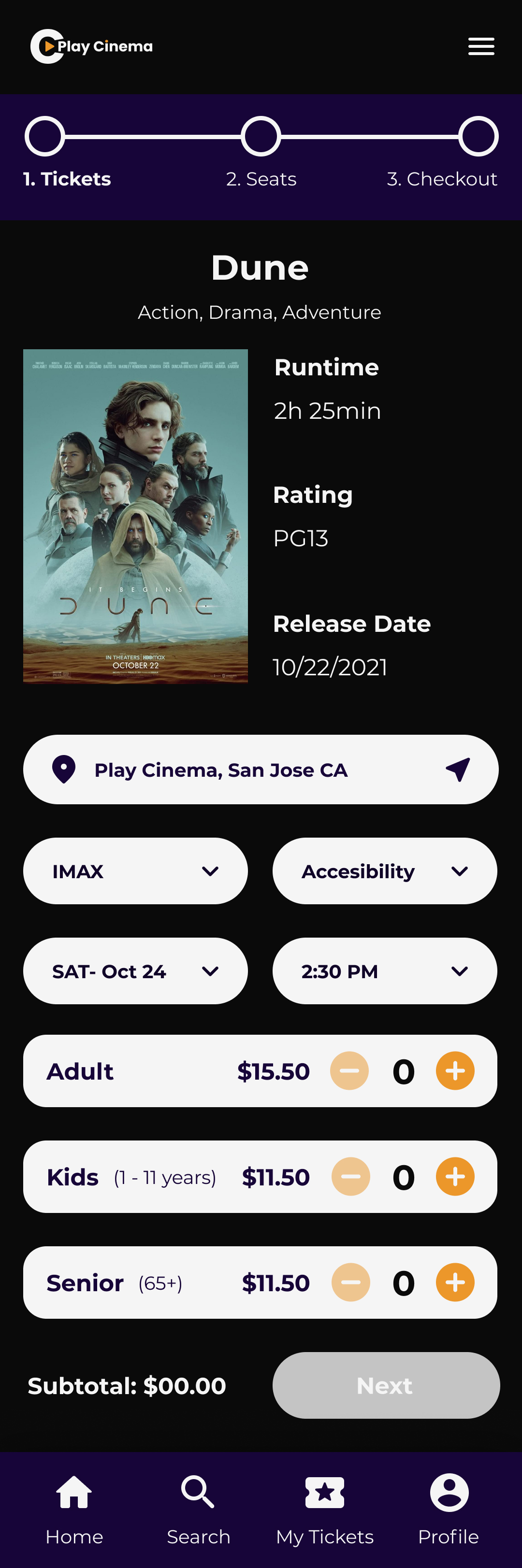 Play Cinema Tickets screen for mobile